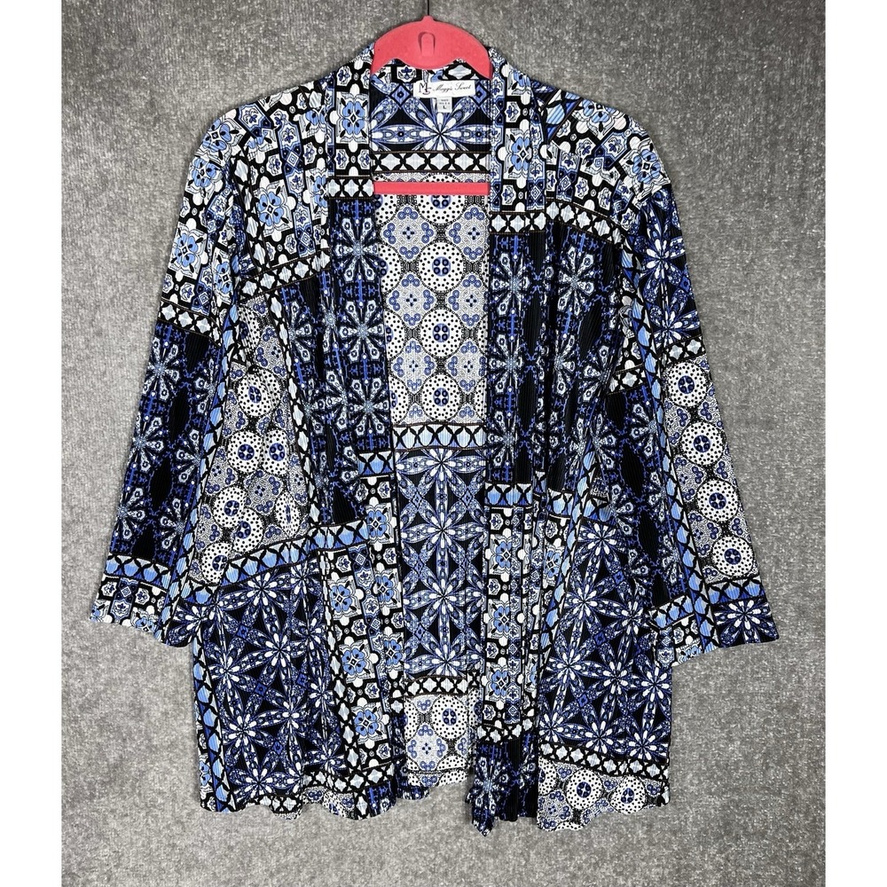 Maggie Sweet Open Front Plisse Top Womens Size Large Blue Floral Medallion
